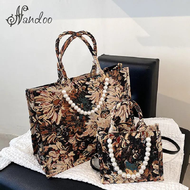 

Casual Flowers Designer Large Tote Handbag for Women 2021 Lady High Capacity Canvas Beading 2021 New Shoulder Shopping Bag Bolsa