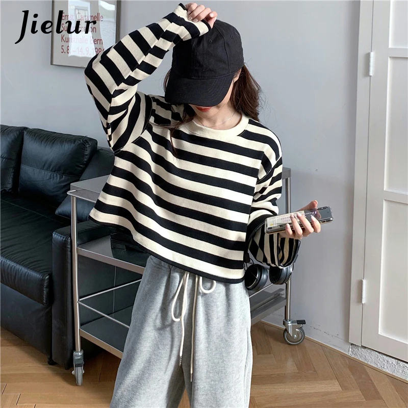 Jielur цвет заклинания Женская толстовка в полоску Harajuku модный свободный тонкий