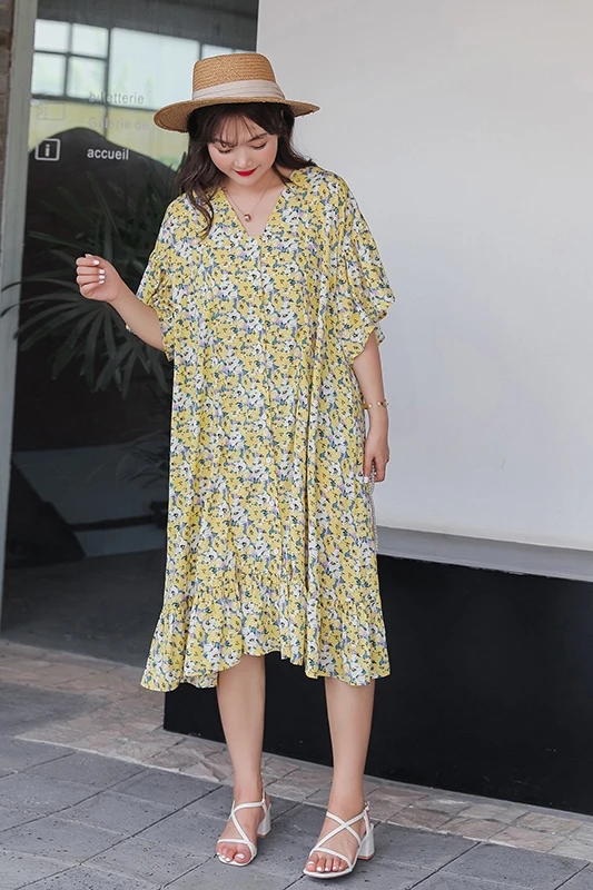 

COIGARSAM 3XL Plus Size Ruffles Women dress Loose V-Neck Dresses Yellow 587