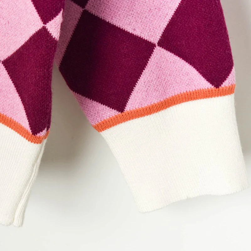 

Lovely Girl Pattern Sweaters Women Fashion V Neck Long Sleeve Knitted Pullovers Female Autumn Casual Plaid Jumper