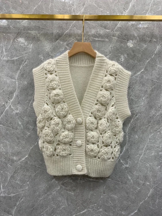 

Женский однотонный жилет без рукавов, универсальный Вязаный топ с V-образным вырезом и цветочным узором, 2021