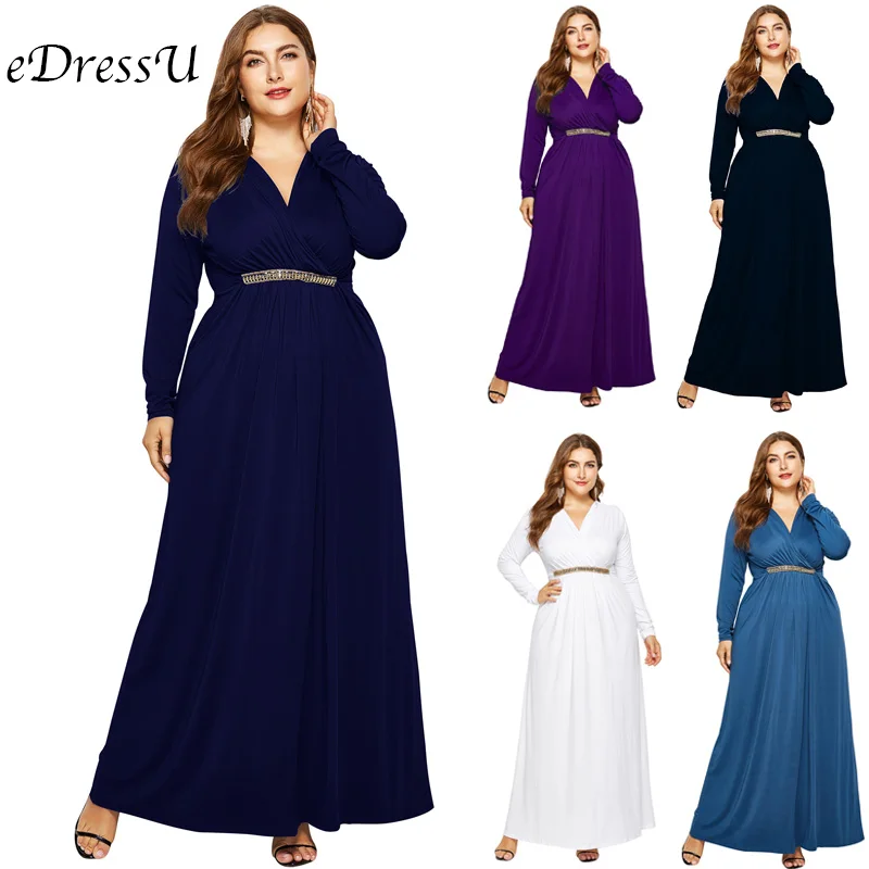 Вечернее платье макси размера плюс с v образным вырезом стрейчевое длинными