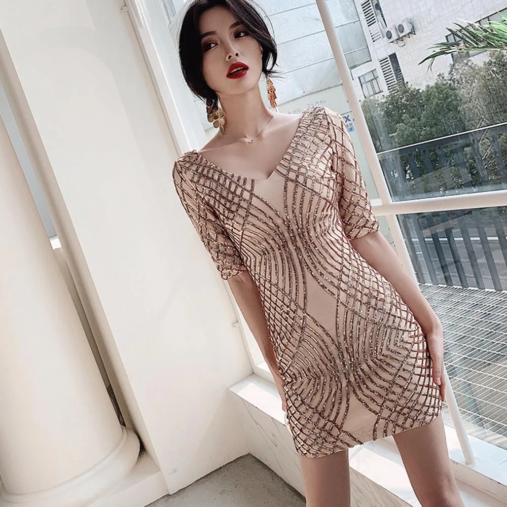 HS Kellio пикантное платье цвета коктейль Vneck темно-синий Мини Короткие рождественские вечерние платья блестящее кружево