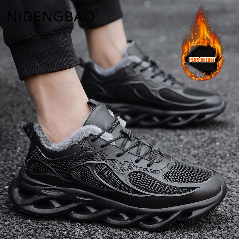 Men's Sneakers Mesh Breathable Comfortable Outdoor Walking Jogging Running Sports Shoes Plus Velvet Warm Male Casual Tennis Shoe
