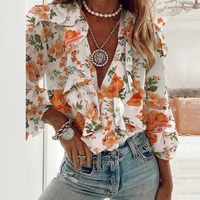 stylish lady ruffle shirt women long sleeve v neck floral printed blouses 2021 autumn elegant chic plus size shirt tops 4xl