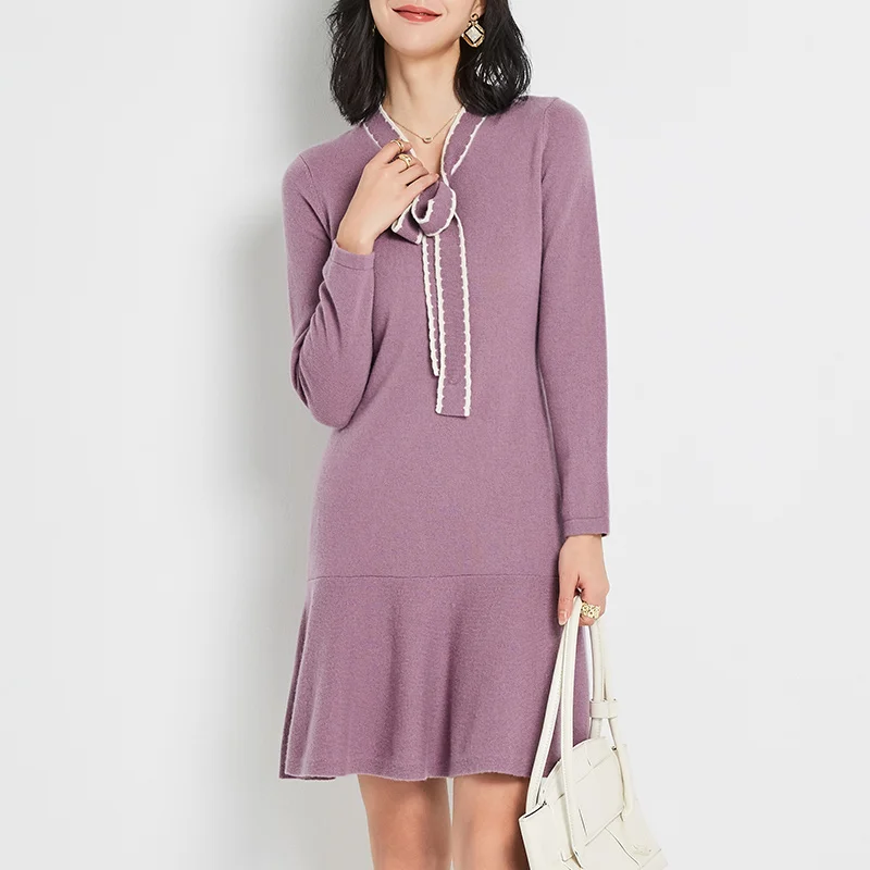 

Осень-зима 2021, новое контрастное женское платье-свитер из 100% шерсти со шнуровкой