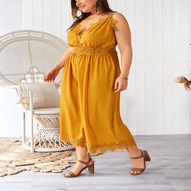 New large size sling jumpsuit 3XL-7XL bust 132CM fashion large size women's sling lace stitching zipper jumpsuit