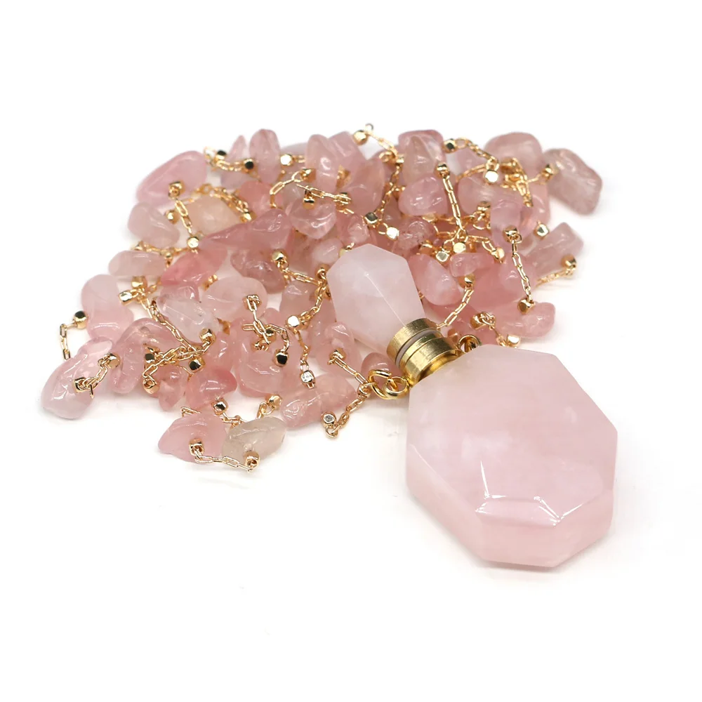 

Natural Stone Perfume Bottle Necklace Pink Crystal Material Exquisite Pendant Gravel Chain Length 60+5cm