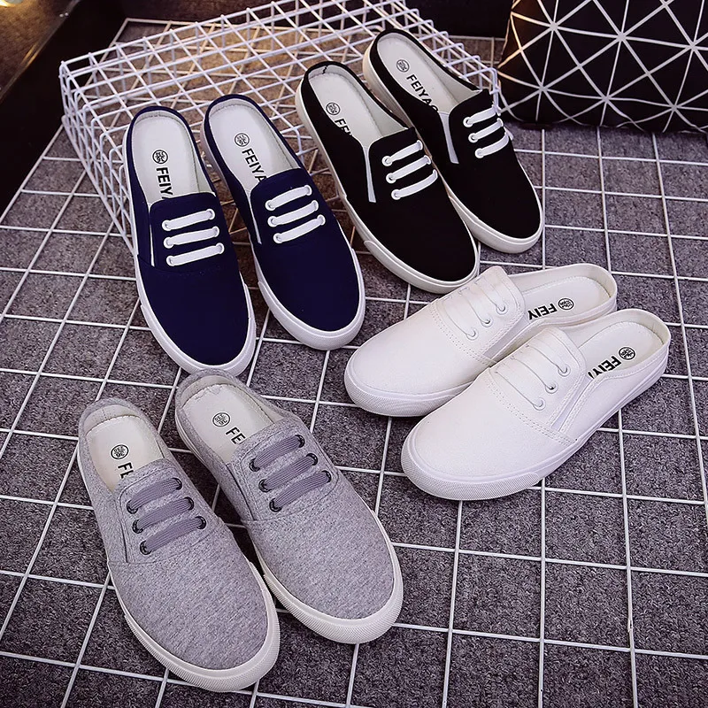 Rushiman202 spring women's shoes half slippers canvas shoes casual casual all-round couple's little white shoes lazy shoes 35-44