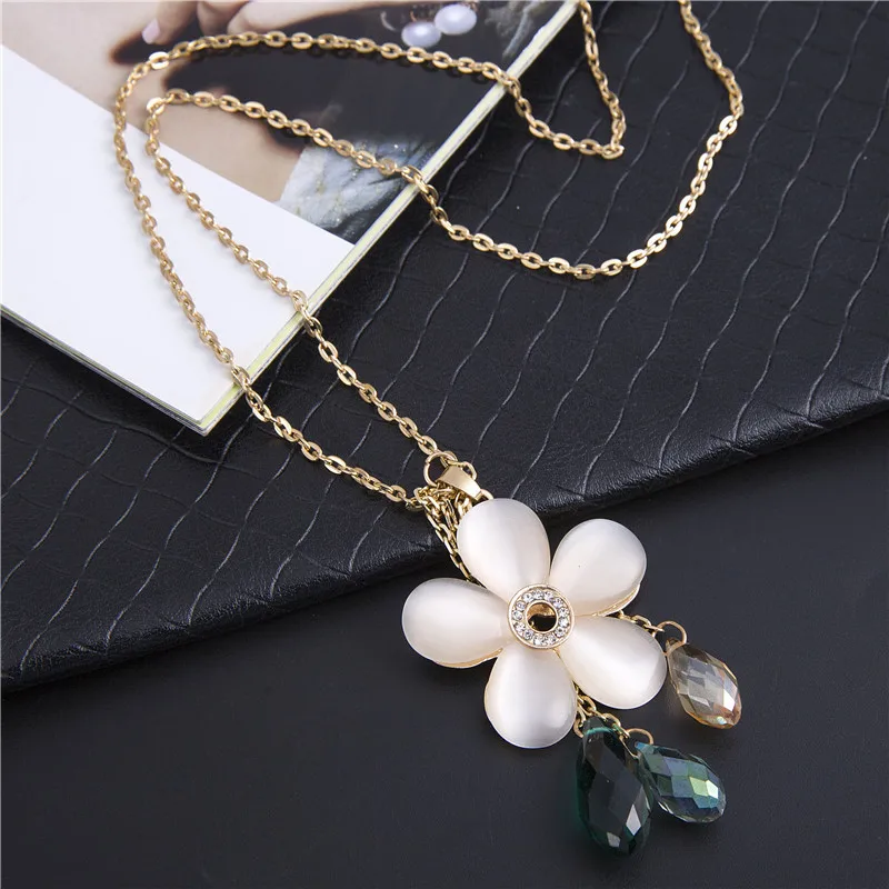 Циркониевое желтое длинное ожерелье с цветком цепочка для свитера модная