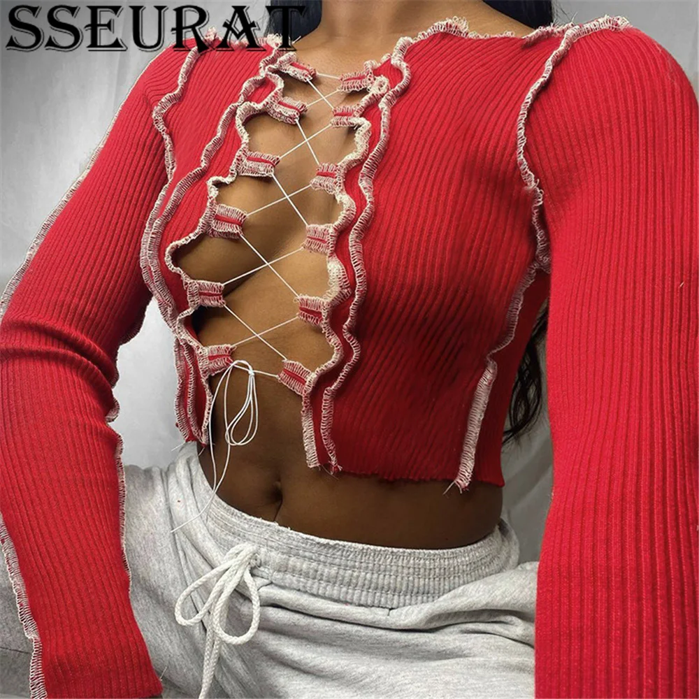

SSEURAT Fashion Sexy Hollow Out Female T shirt Punk Style Ribbed Knitting Solid T shirt High Street Wild T shirt New