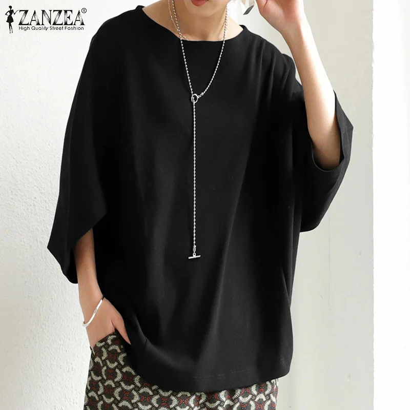 Kaftan Baggy Tunic Women's Autumn Blouses ZANZEA 2022 Casual 3/4 Sleeve Knitted Blusas Female O Neck Tops Chemise Oversized Top