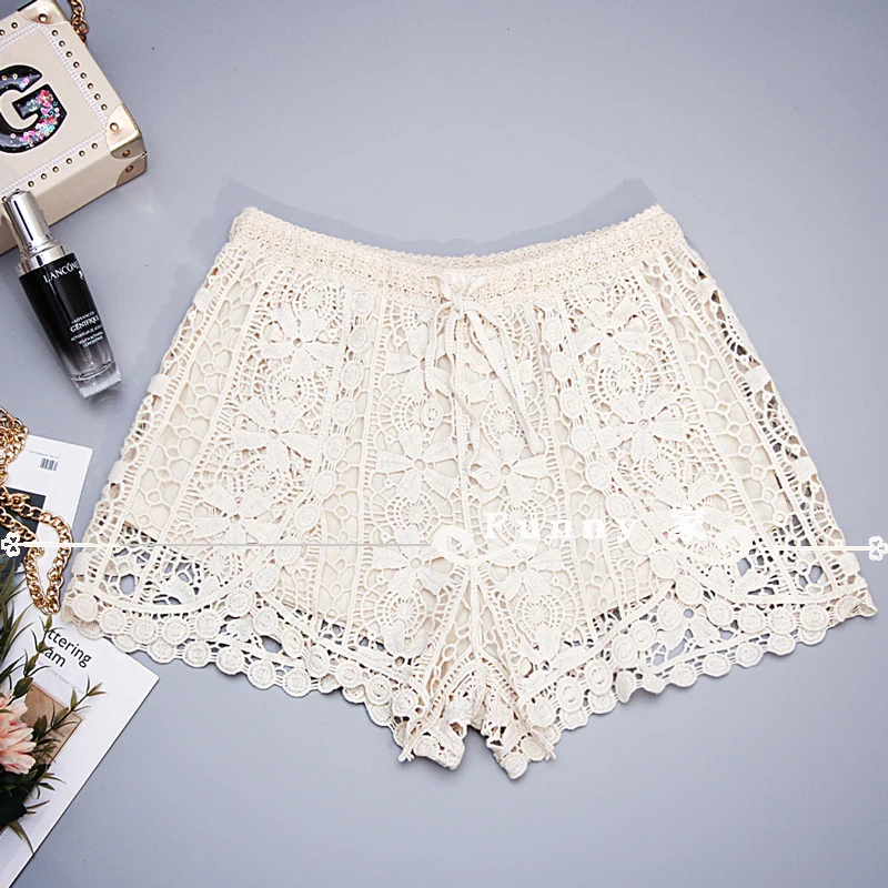 Женские пляжные шорты в богемном стиле Модные ажурные мини-шорты кружевные Белые