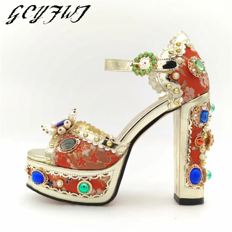 Embroidery Lace Rhinestone Luxury Brand Sandals Women Bling High Heels Crystal Flower Pearl Diamond Platform Wedding Shoes Woman