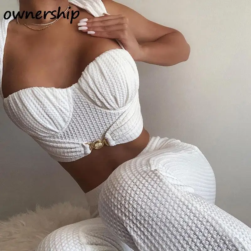 

Новинка Осень-зима 2021, белые женские брючные костюмы, пикантный укороченный топ без рукавов с низким вырезом, женские свободные брюки с высо...