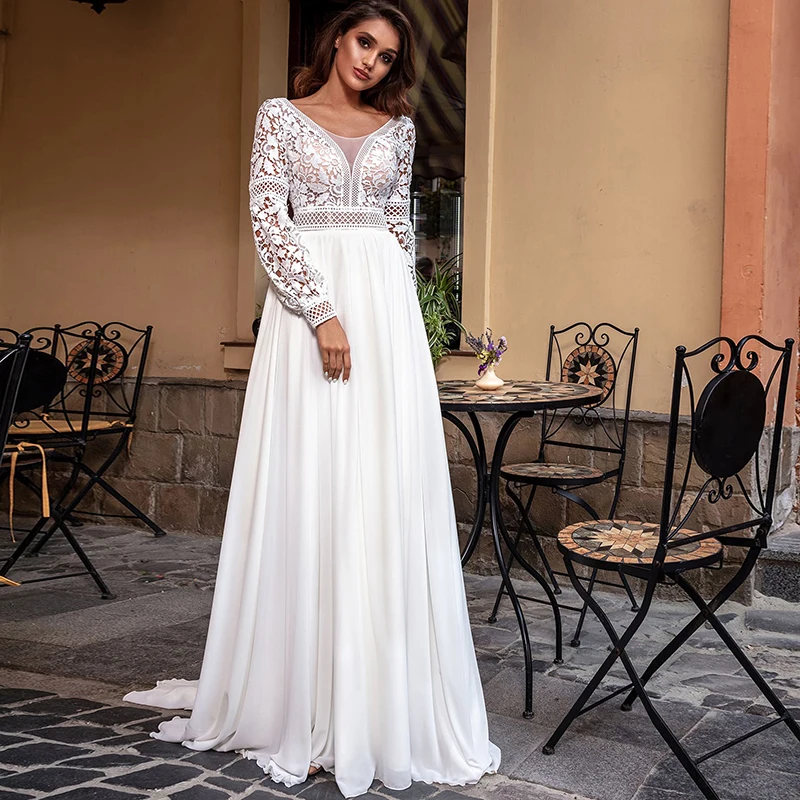 

Muslim Long Lantern Sleeve Empire Backless Small Train Beauty Backless Lace and Chiffon Boho Beach Wedding Dresses Women