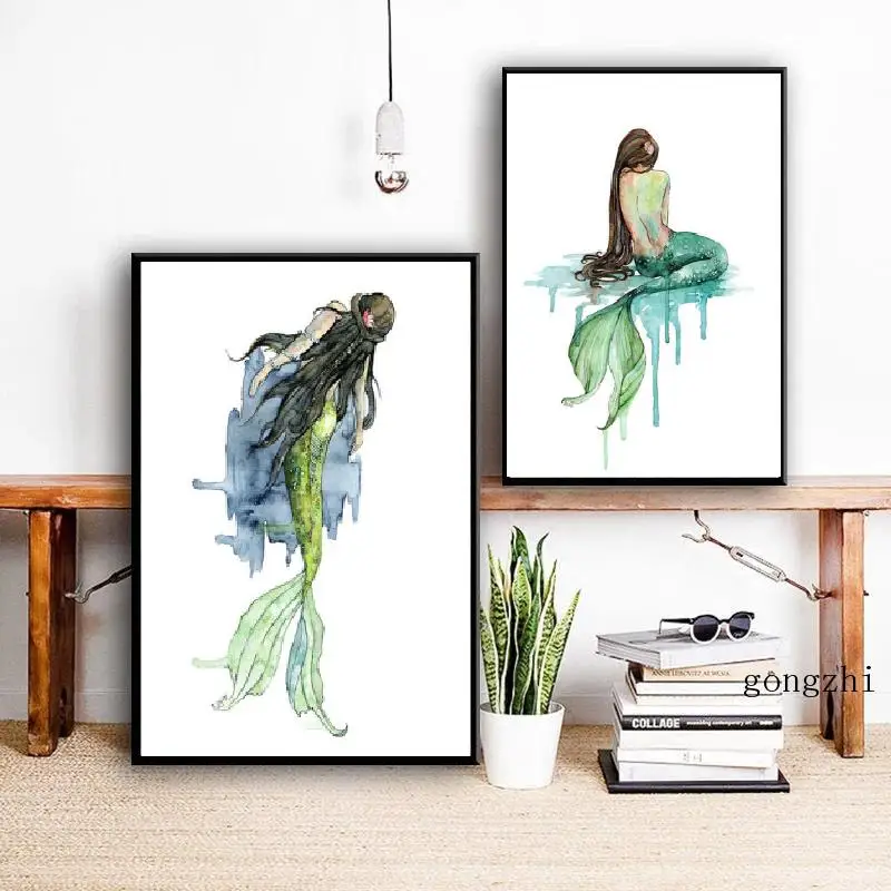 

Watercolor Mermaid Princess Nordic Poster Ocean Canvas Painting and Prints Wall Art Pictures for Living Room Home Decoration