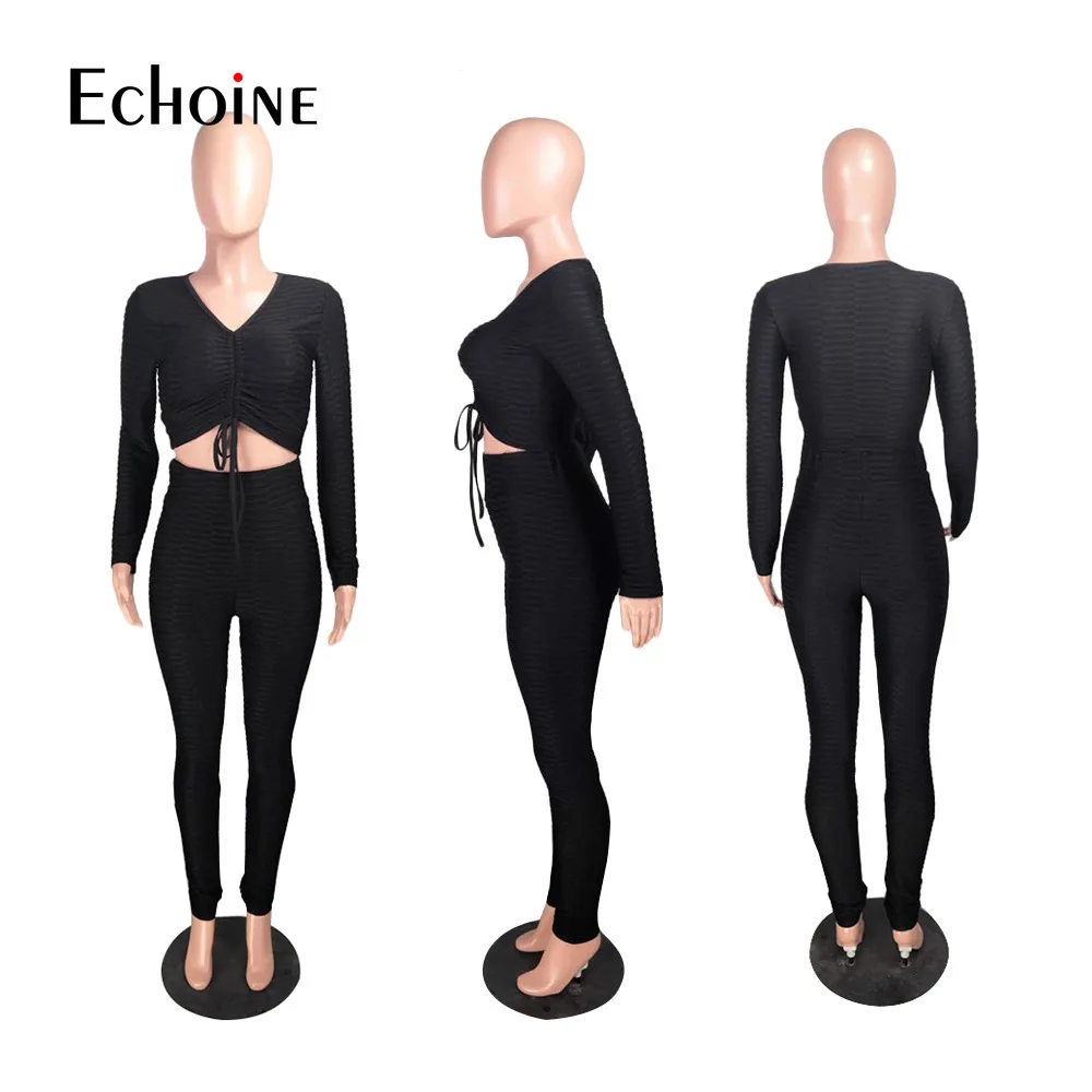 

Echoine Women Sexy Sportwear Elastic Set Tie Up V-neck Crop Top Jogger Pants Suit Active Tracksuit Two Piece Set Fitness Outfits