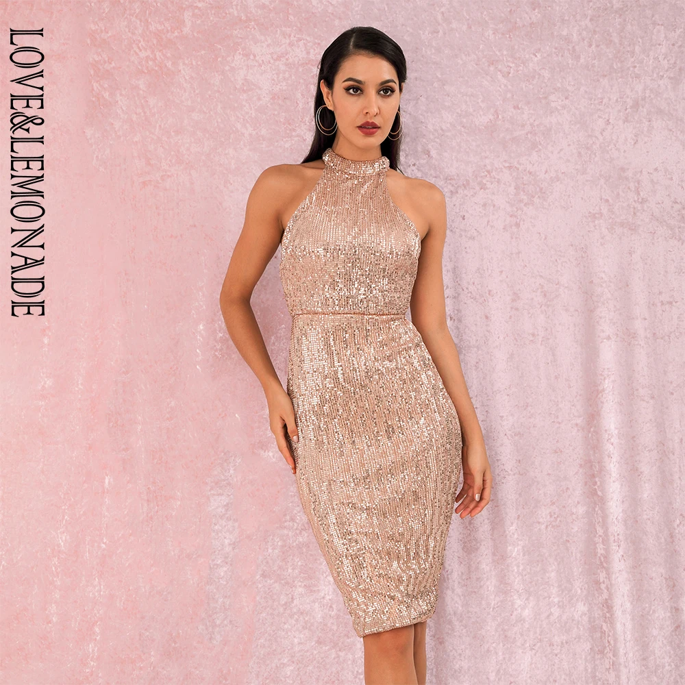 LOVE&LEMONADE Rose Gold Sexy Halter Strapless Slim Fit Elastic Sequined Knee Party Dress LM80492MID Autumn/Winter