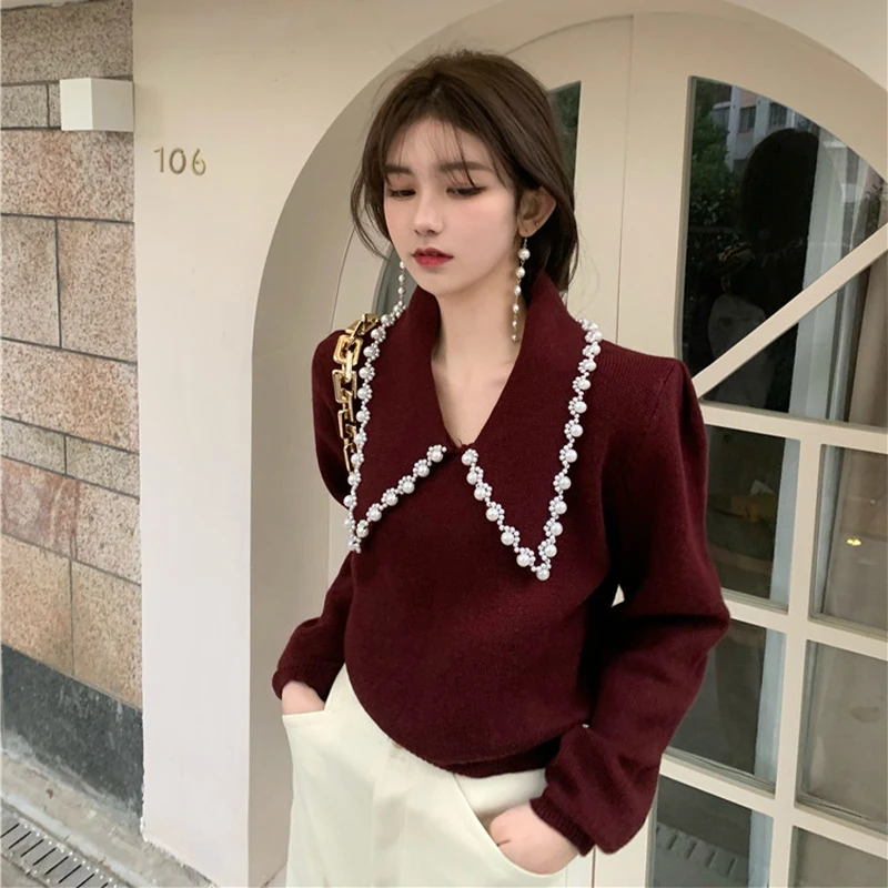 Винтажный весенне-осенний модный свитер с жемчужинами женский свободный пуловер