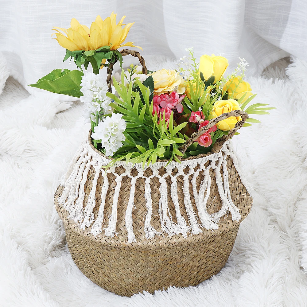 Handmade Home Decor Macrame Tassel Wicker Basket Seagrass Garden Flower Pot Foldable Laundry Storage Rattan Toy Holder | Дом и сад