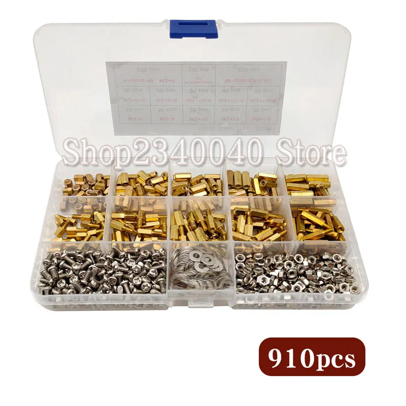

910pcs M3*6-14 Male Female Hex Brass Standoff Spacer with Pan Head Screw Nut and Washer Assortment Kit PCB motherboard standoff