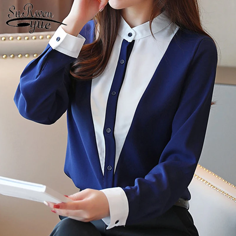 Офисные женские рубашки Модные шифоновые блузки с длинным рукавом воротником