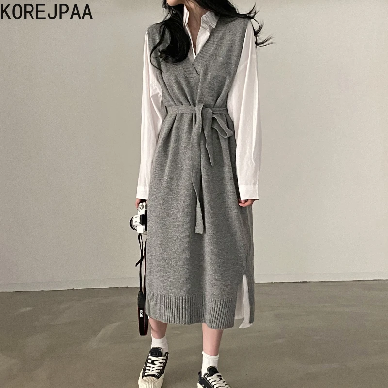 

Korejpaa Solid Turn-down Collar Single-breasted Elegant Shirt Dress + V-neck Sleeveless Lace Up Slim Waist Split Knit Dress