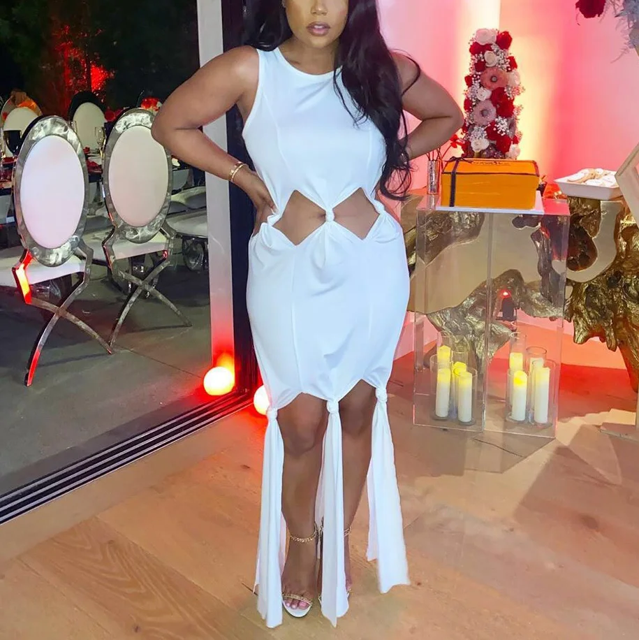 

Elegant White Dress Women Sexy Hollow Out Tassel Sleeveless High Waist Sexy Evening Night Club Wear Robe Vestidos 2020 New Hot