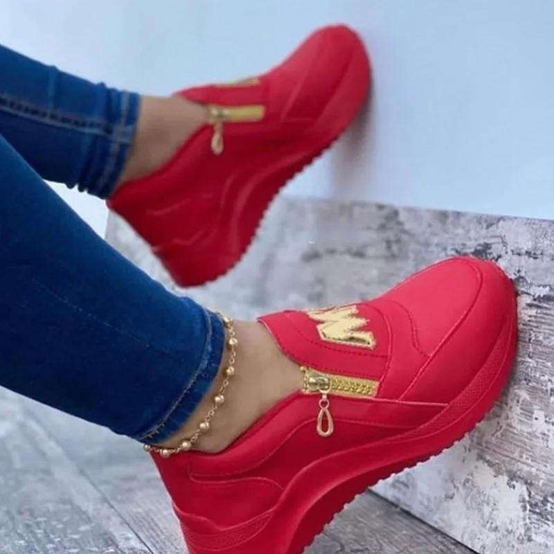 

Retro Women Flats Platform Wedges Heel Solid Pu Leather Side Zipper Vintage Sneaker Street Style Hip-hop Ladies Shoes Female