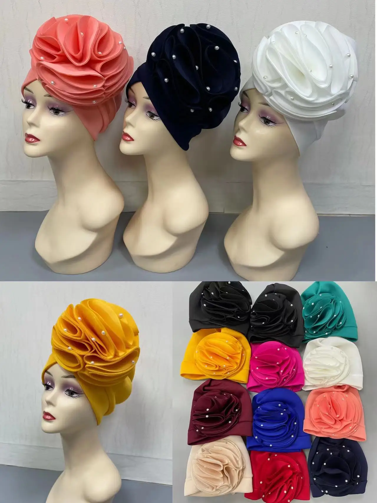 

African Gele Headtie With Pearls Big Flower Nigerian Already Made Auto Gele Turban Cap African Aso Ebi Gele Aaso Oke 12 Pcs/Pack