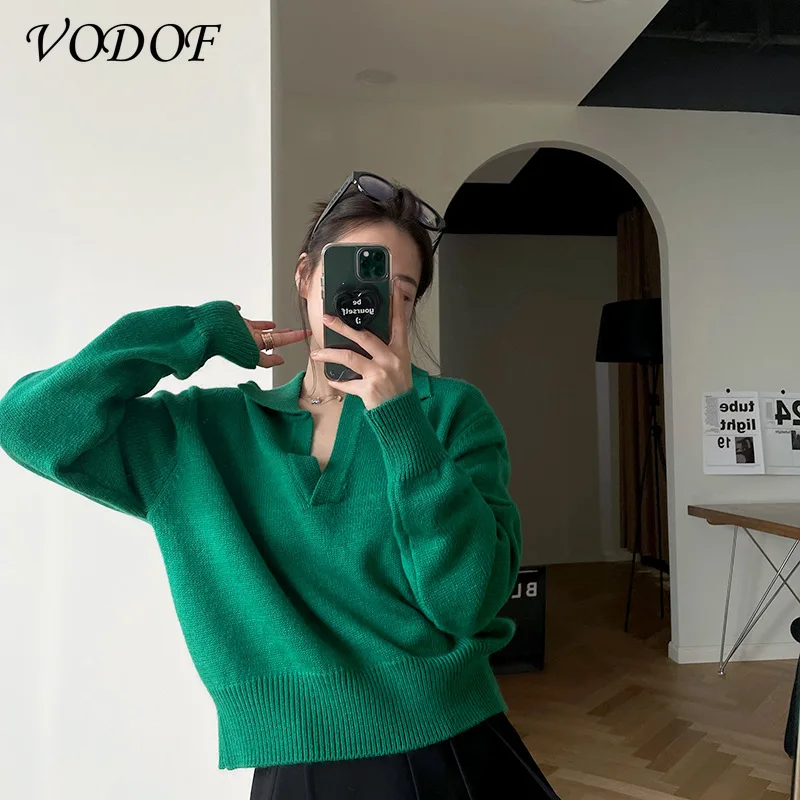 VODOF Autumn Winter Polo Collar Oversize Thick Sweater Pullovers Women 2021 Loose Cashmere Sweater Pullover Female Long Sleeve