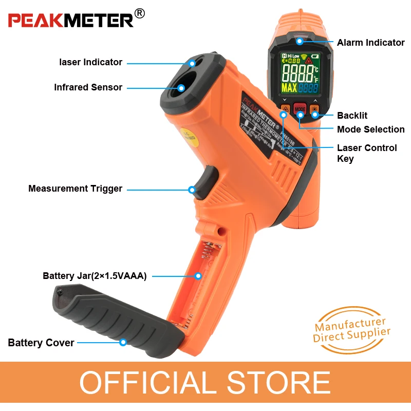 Лазерный цифровой инфракрасный термометр PEAKMETER PM6519B с ЖК-дисплеем измеритель
