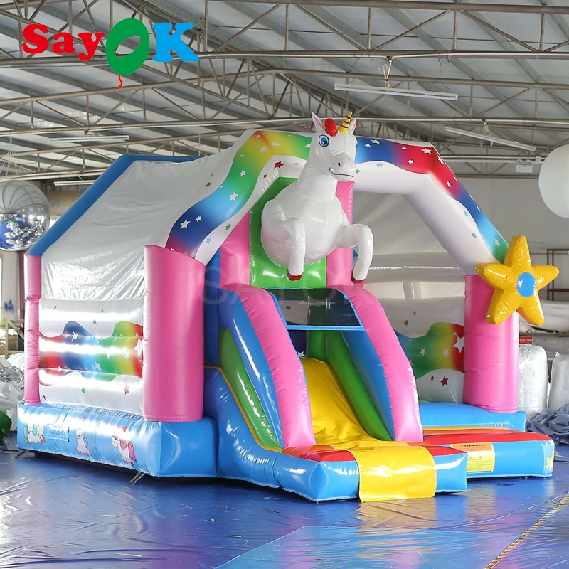 

Морская доставка, розовый надувной красочный батут, маленький единорог, замок для сада, коммерческого использования, для девочек/детских иг...