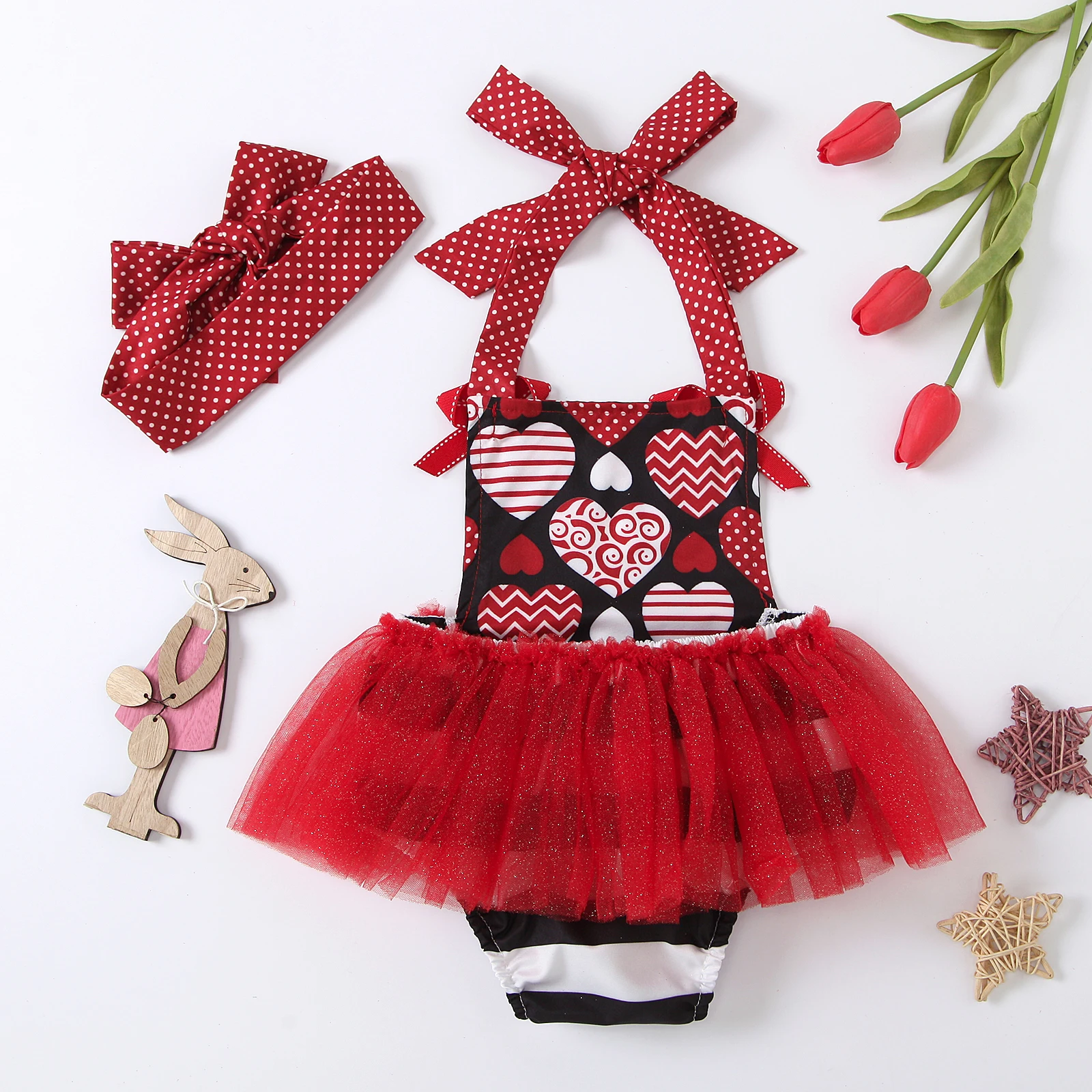 

Baby Girls Valentines Day Outfits, Love Heart Print Ruffle Tulle Halter Romper with Headband Set