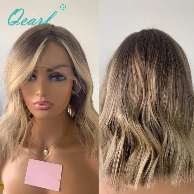 Ombre Blonde Full Lace Wigs Real Human Hair Short Bob Shoulder Lace Frontal Wig Natural Wave New In Wig Caramel Brown 150% QEarl