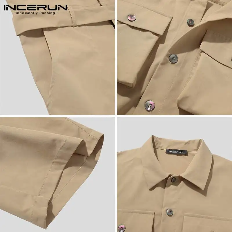 

2021 Men Cargo Overalls Lapel Solid Color Streetwear Short Sleeve Rompers Button Multi-pockets Fashion Casual Jumpsuits INCERUN