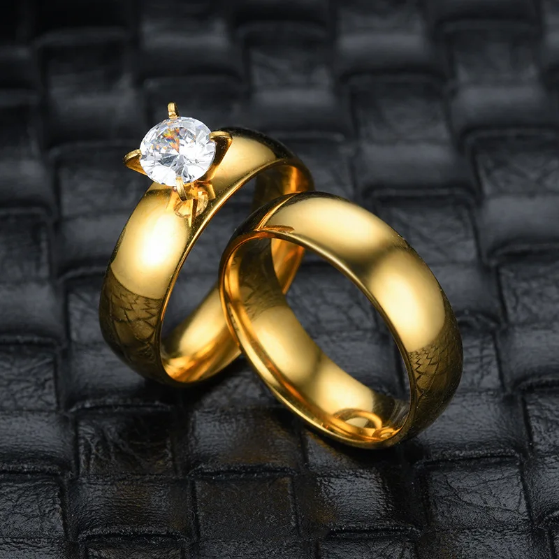 

Gold Color Couple Rings Cubic Zirconia Stainless Steel Rings For Women Men Wedding Promise Engagement Jewelry DC03