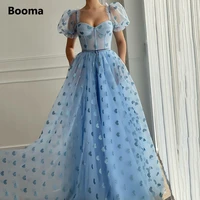 booma baby blue hearty tulle prom dresses short puff sleeves sweetheart a line prom gowns with pockets sash formal party dresses
