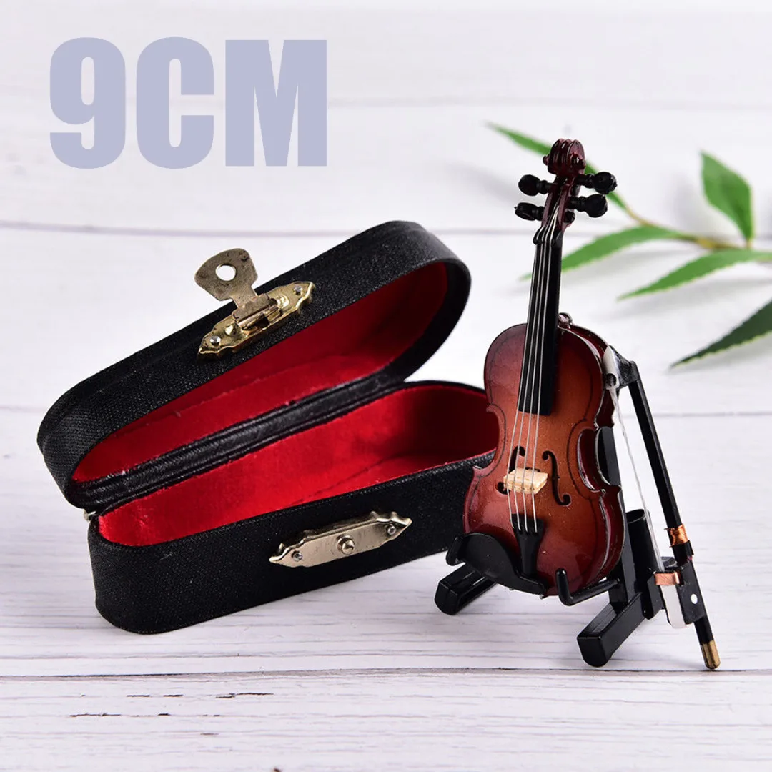 1PC 9cm Mini Violin Guitar with Support Holder Wooden Musical Instruments Collection Miniature Ornaments Model