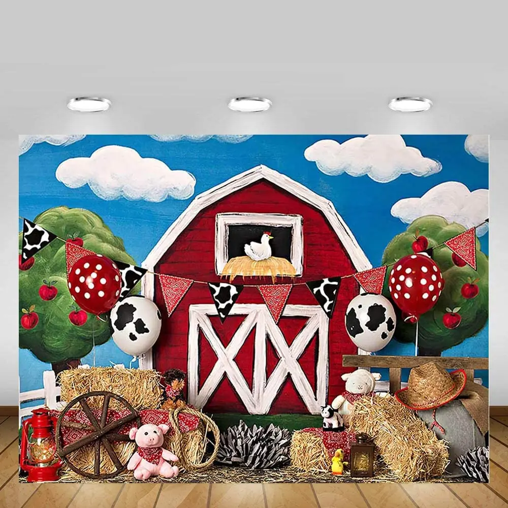

Farm Red Barn Photo Studio Booth Background Rustic Animals Green Grass Sky Baby Birthday Party Banner Photography Backdrop