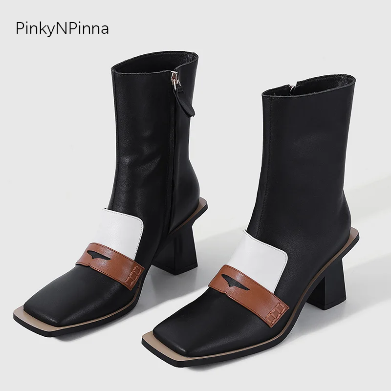 

Люксовая обувь; Обувь знаменитостей; Женская Осенняя мода подиумный стиль, ботильоны на меху из натуральной кожи на не сужающемся книзу мас...