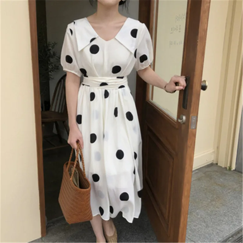 

Hzirip Retro Gentle Elegant Polka Dot Lapel Loose Thin Straps Mid-Length 2021 Chic Fashion Versatile High-Quality Women Dress