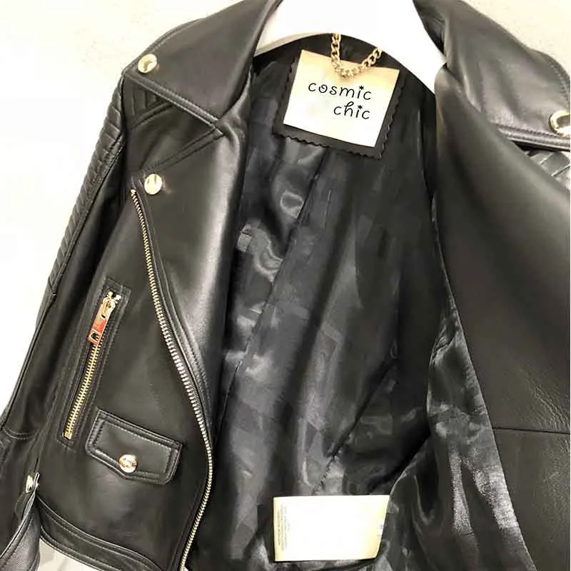 

2021 Autumn Winter Zipper Motorcycle Genuine Leather Jacket Women Slim Casual Ruffle Sleeve Outwear Biker Short Coat