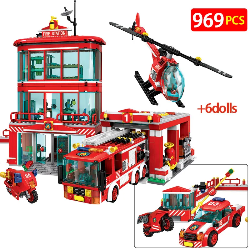 

969pcs Police Fire Station Firefighter Figures Helicopter Bricks City Truck Car Model Building Blocks Toys for Children