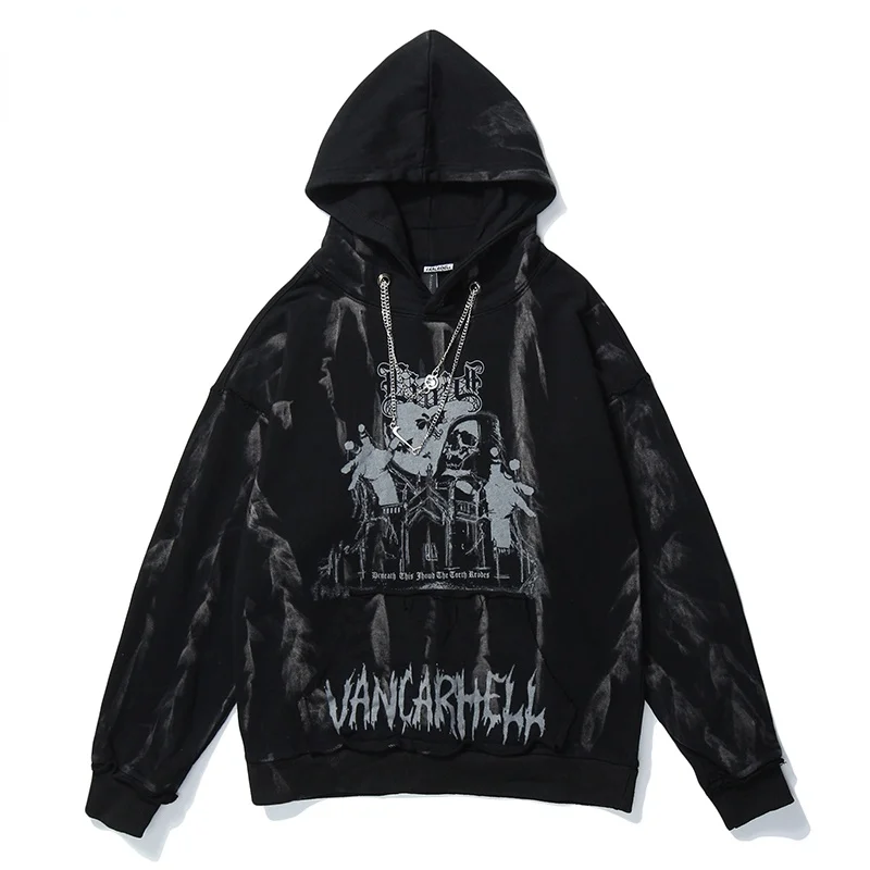 

Aolamegs Men Hip Hop Hoodie Sweatshirt Gothic Horror Skull Print Punk Chain High Street Hipster Baggy Hooded Pullover Streetwear