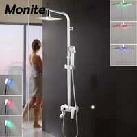 monite led 8 inch bathroom shower set bathtub faucet solid brass shower mixer tap chrome polish bath mixer tap shower head