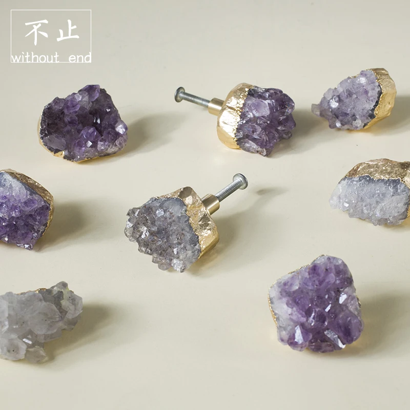 

Nordic Brass Crystal Handle Light Luxury Naturalism Amethyst Cluster Drawer Furniture Bathroom Cabinet Door Handle Drawer Knobs