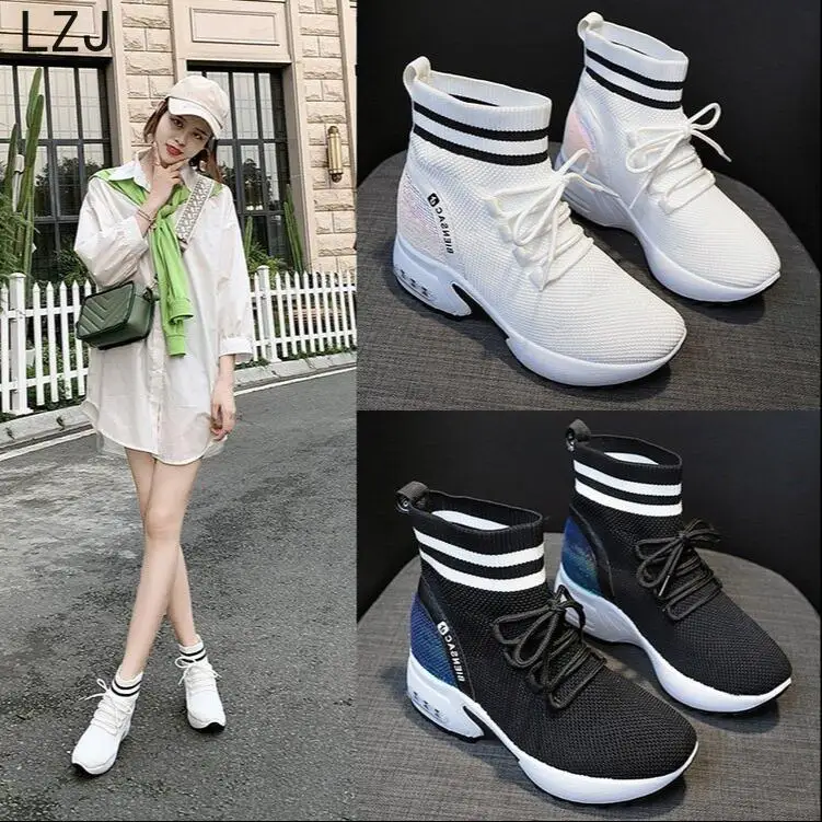 

LZJ 2020 Shoes Summer Women Sneakers High Heels Platform Shoes White Lace Up Sneakers Casual Woman Wedges Shoes Ladies