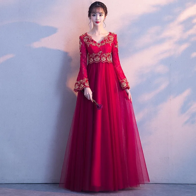 Бордовое платье в китайском традиционном стиле из пряжи для свадьбы подружки